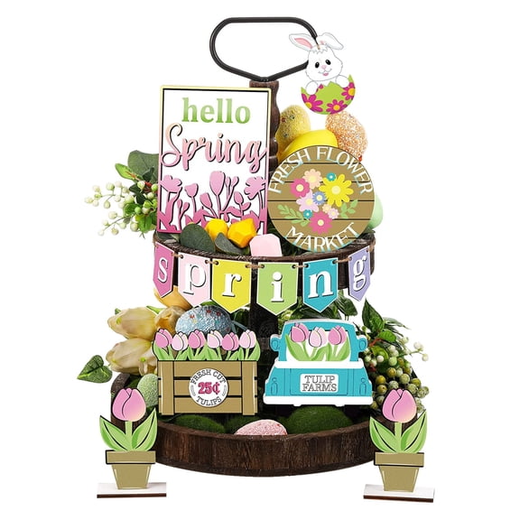 zttd 12 pieces spring tiered tray decor daisy flower wooden signs blooms floral table centerpieces hello spring decorative signs for spring home table shelf decoration