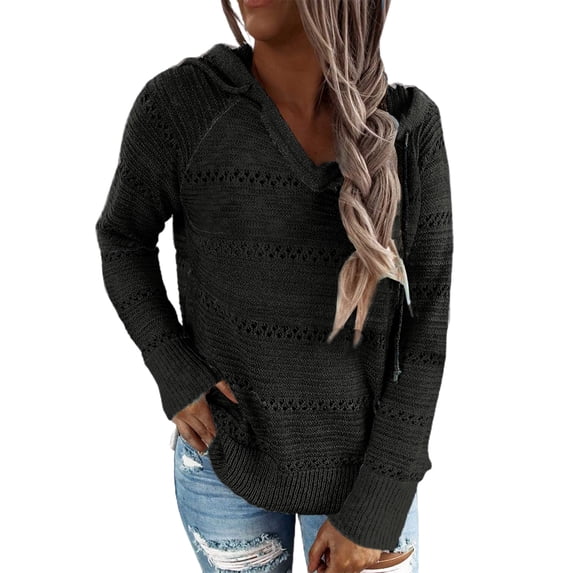 HOTAPEI Hooded Sweaters for Women Long Sleeve Drawstring Hoodie Crochet Hollow Out Sweater Solid Color Hoodies Lightweight Hooded Sweater