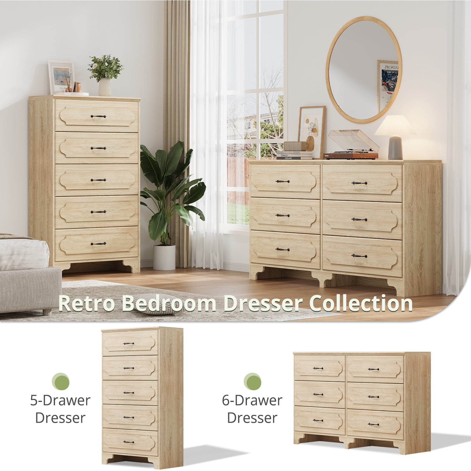 5-Drawer Dresser, OAK Tall Dresser for Bedroom, Narrow Chest of Drawers, Modern Vertical Storage Cabinet for Closet, Entryway or Living Room