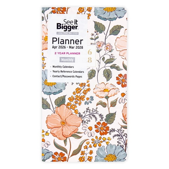 See It Bigger Pocket Planner (3.75" x 6.75"), Floral, 2YR Monthly: Apr 2026 - Mar 2028