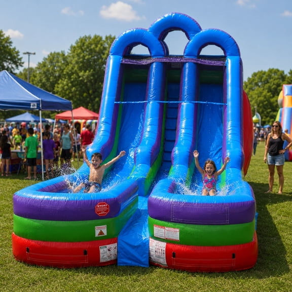 TentandTable Commercial Inflatable Water Slide, Rainbow Dual Lane with Blower, 15 ft