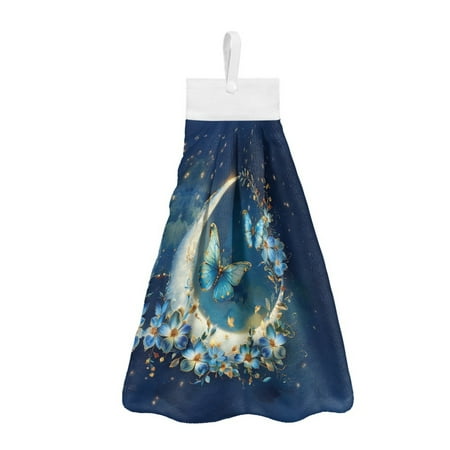 

ZIATUBLE Moon Butterfly Hanging Hand Towel Flower Bathroom Hand Bath Towel Small Kitchen Hand Towels with Hanging Loops Reusable Hanging Hand Towels for Accessories Indoor