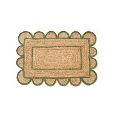 Hand Braided Natural Jute Rug Beige and Green Scalloped Area Rug Rectangle Rug