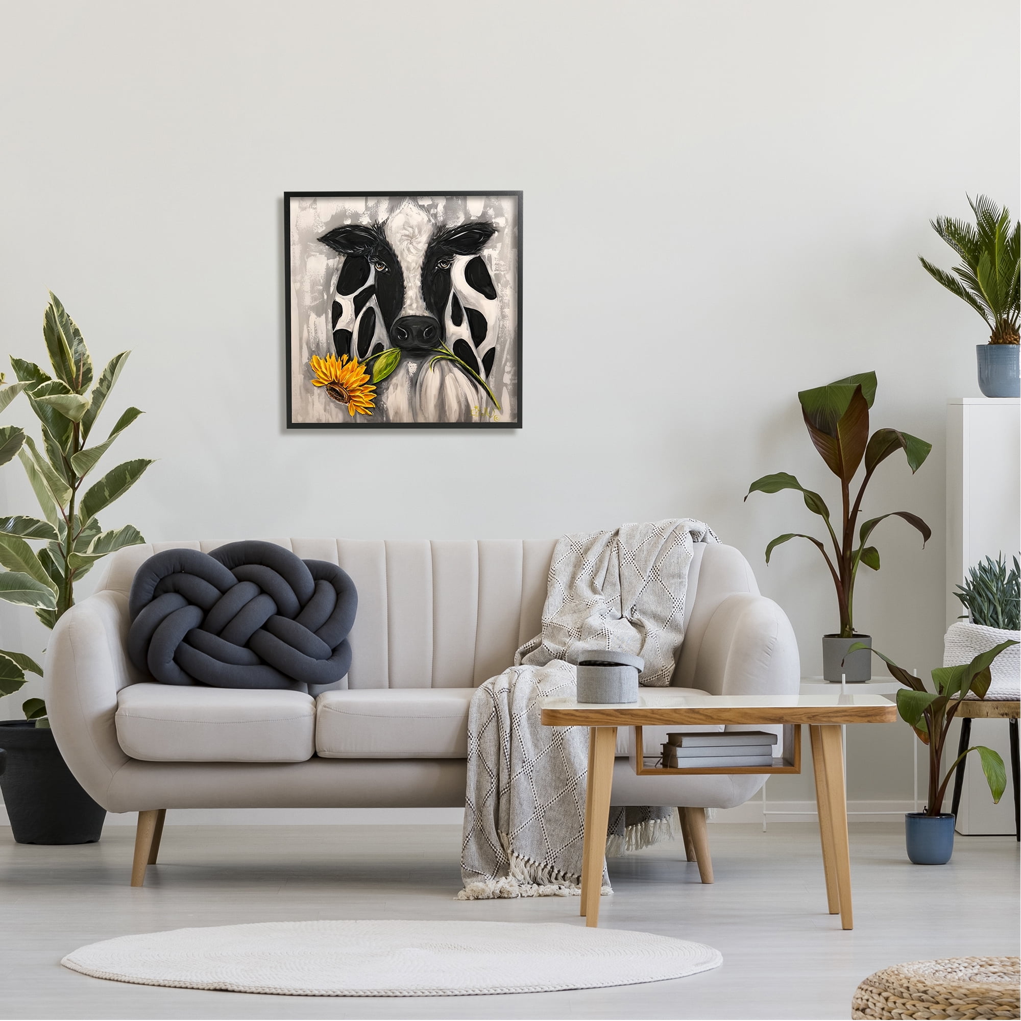 Stupell Industries Cow & Sunflower Painting Animals & Insects Painting Black Framed Art Print Wall Art, 24 x 24