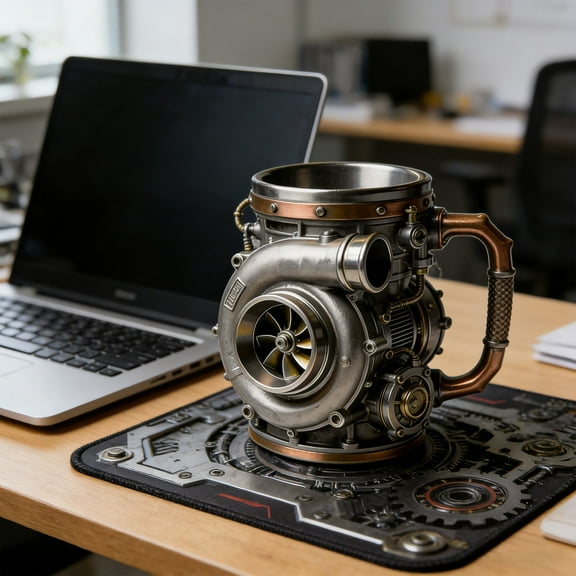 Retro Engine Coffee Mug 13oz Stainless Steel Mechanical Turbocharger Mug Best Select for Car Enthusiasts, Mechanics & Gearheads Gray