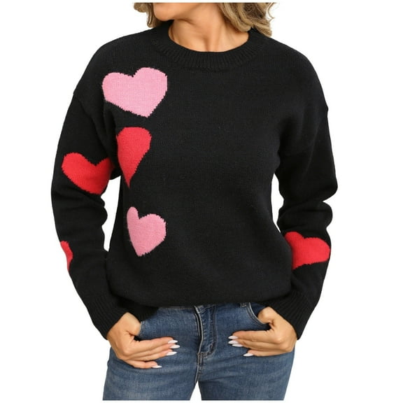 Women's Cute Heart Sweater Love Print Knitted Top 2025 Fall Winter Casual Crewneck Long Sleeve Sweaters Pullover