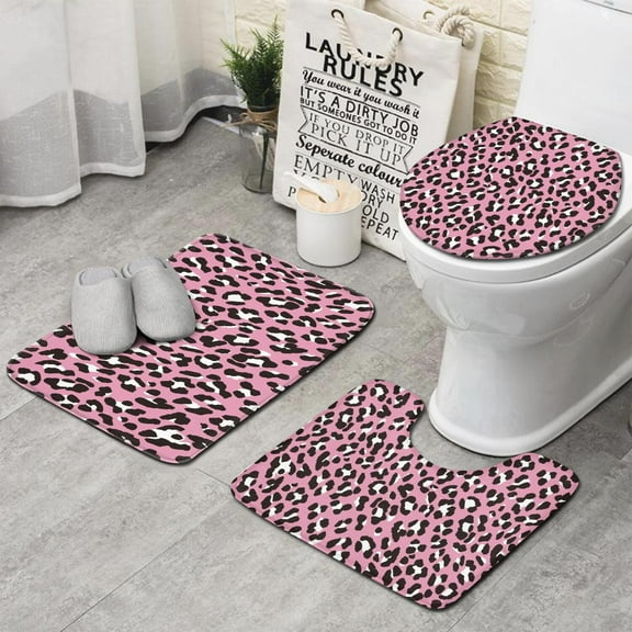 Pink and Black Of Leopard Print Bathroom Rugs Sets 3 Piece,Toilet Cover Set,Absorbent Non Slip Bathroom Mats Sets with U-Shaped Contour Rug Toilet Rug Set
