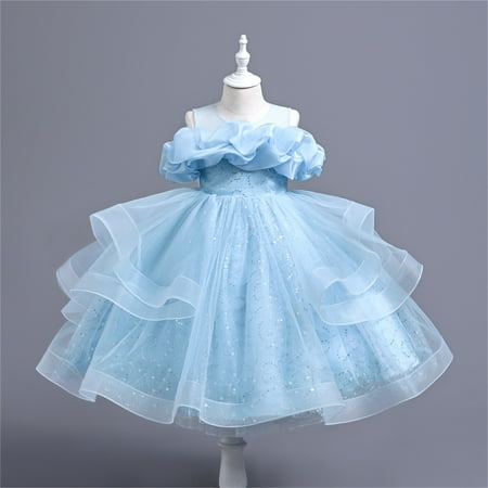 

Girls Tulle Dress Summer Sleeveless Round-Neck Mesh Petals Dresses Ruffled Lace Embroidery Princess Bow Skirts Blue 6 Years
