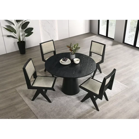Contemporary Black Dining Room Furniture 48" Round Dining Table 4x Side Chairs Light Gray Upholstery 5pc Set