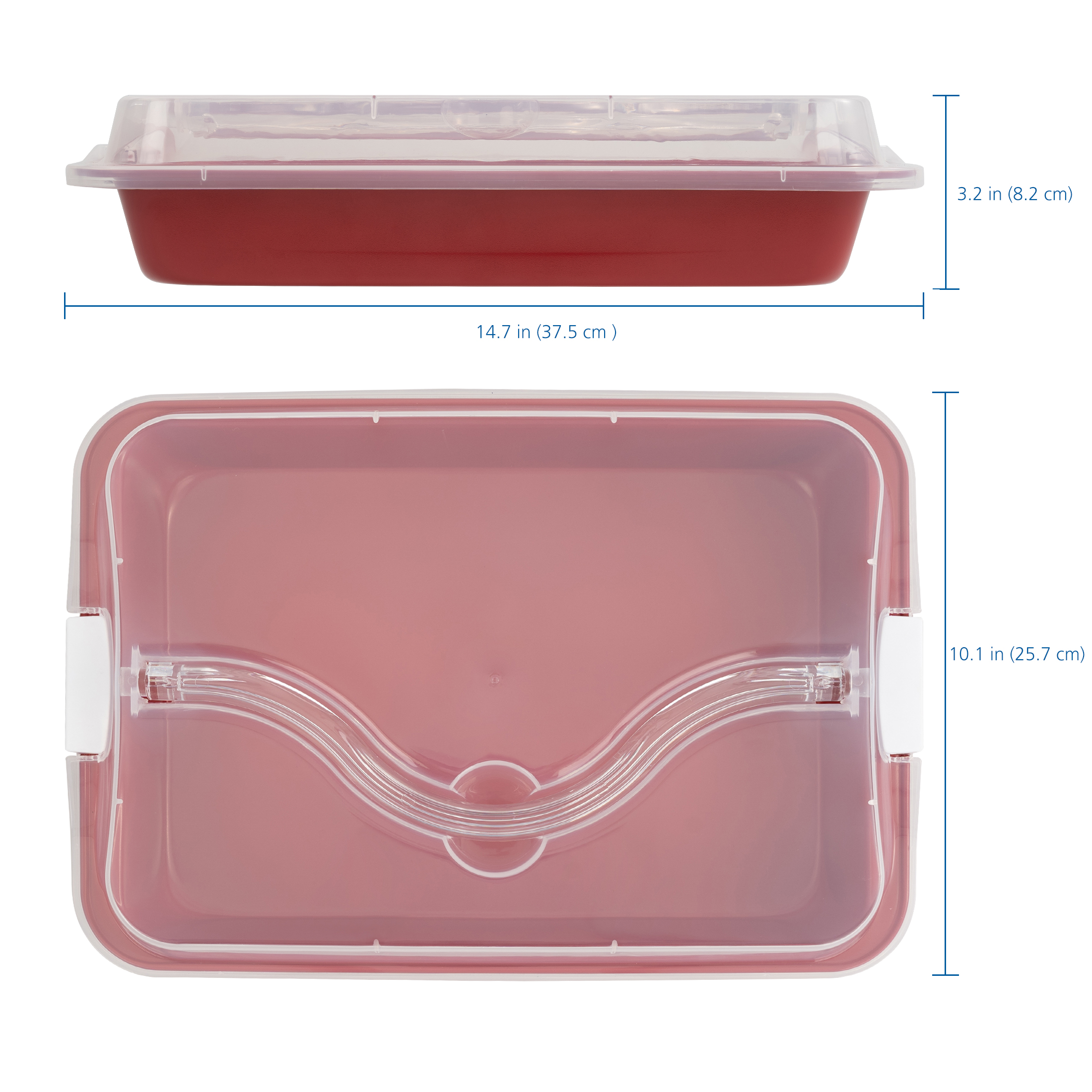 Holiday Time Bakeware Rectangular Cake Pan with Plastic Lid, Red, Handle, Non-Stick, Carbon Steel