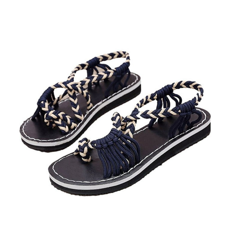JeashCHAT Woven Womens Thong Sandals Strappy Gladiator Sandals Open Toe Flat Sandals Rope Bohemian Beach Sandals for Teen Girls Beige Walmart