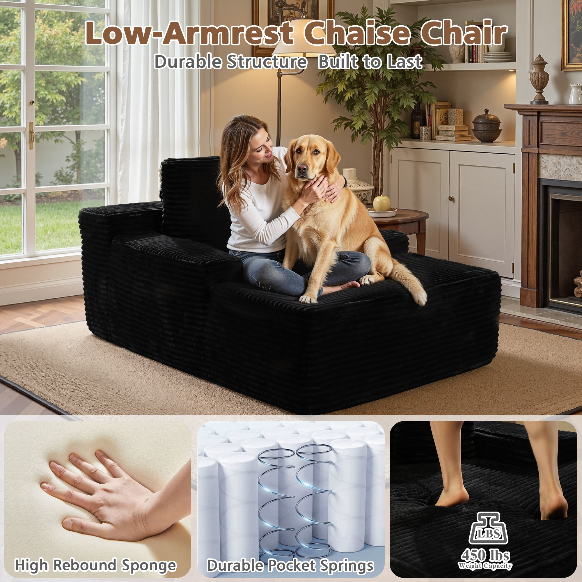 Ovios 67" Oversized Chaise Lounge, Black photo 3