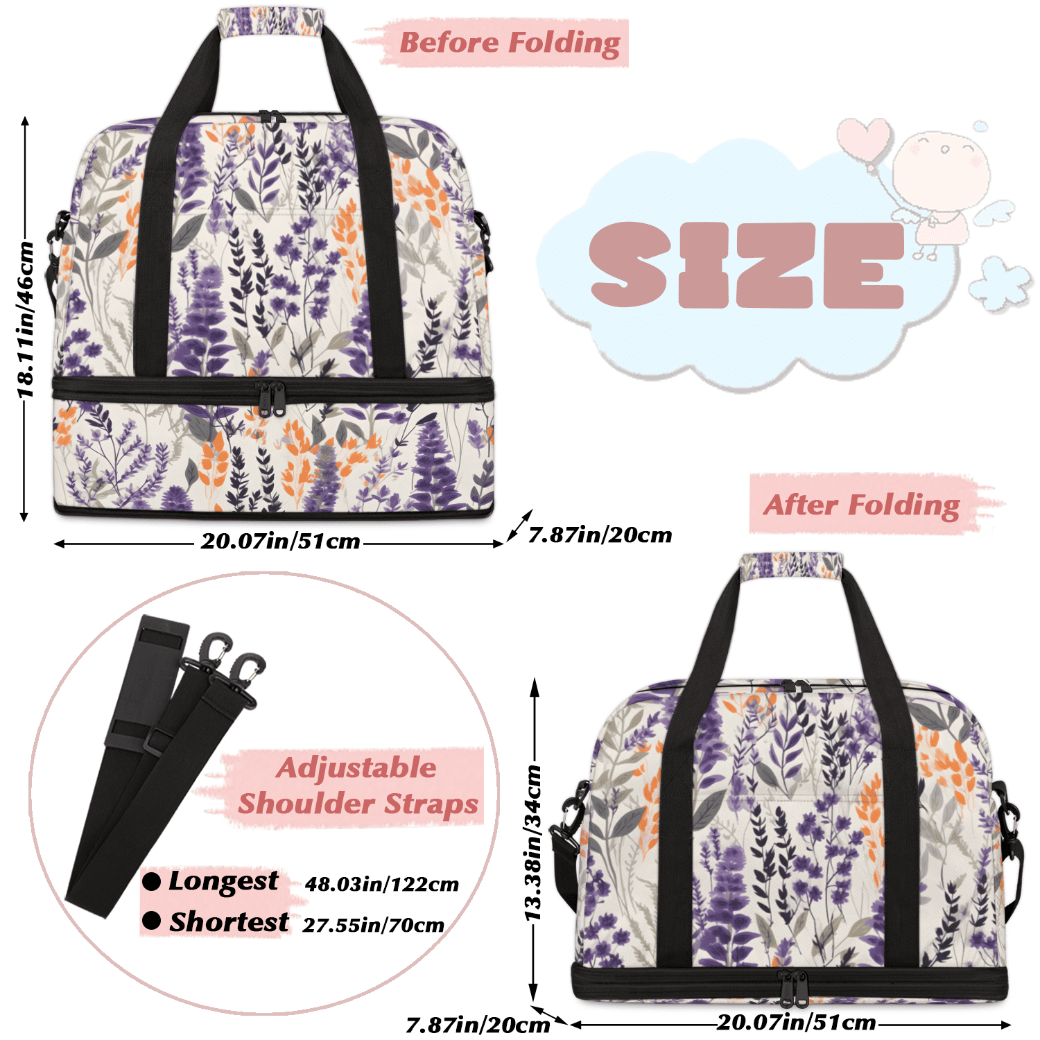 Herdesigns Floral Foldable Travel Duffle Bag for Women and Men Lightweight Carry On Overnight Bag Lavender Gym Luggage Weekender Bags with Shoe Compartment