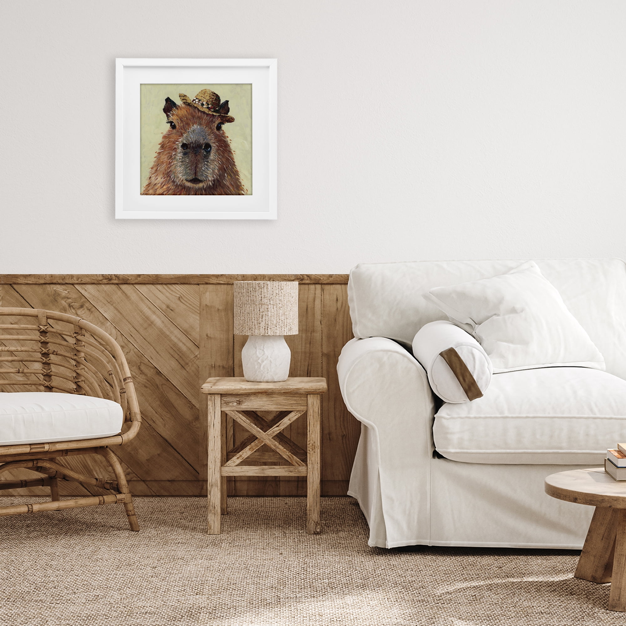 Stupell Industries Capybara with Straw Hat White Framed Print Under Glass, design by Studio Bautista