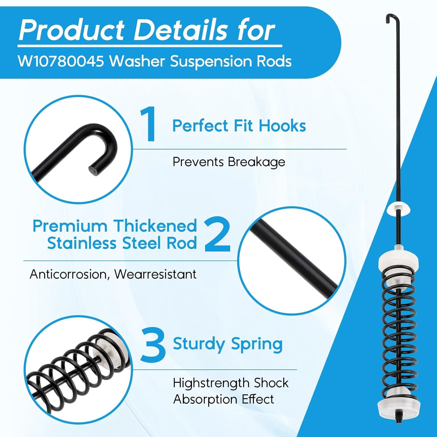 W10780045 WTW4816FW2 NTW4516FW2 NTW4605EW0 NTW4516FW1 WTW4800BQ1 Washer Suspension Rod Kit for Amana Whirlpool Kenmore