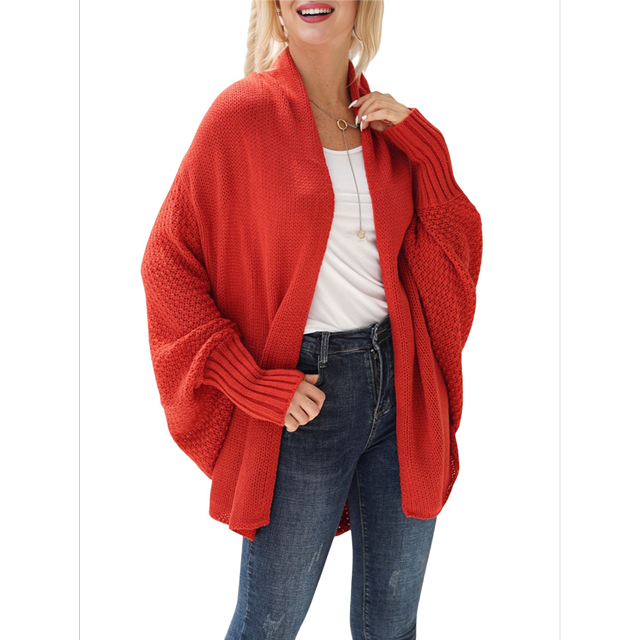 Women's - Batwing Cable Knitted Slouchy Oversized Wrap Cardigan Sweater Rust Size