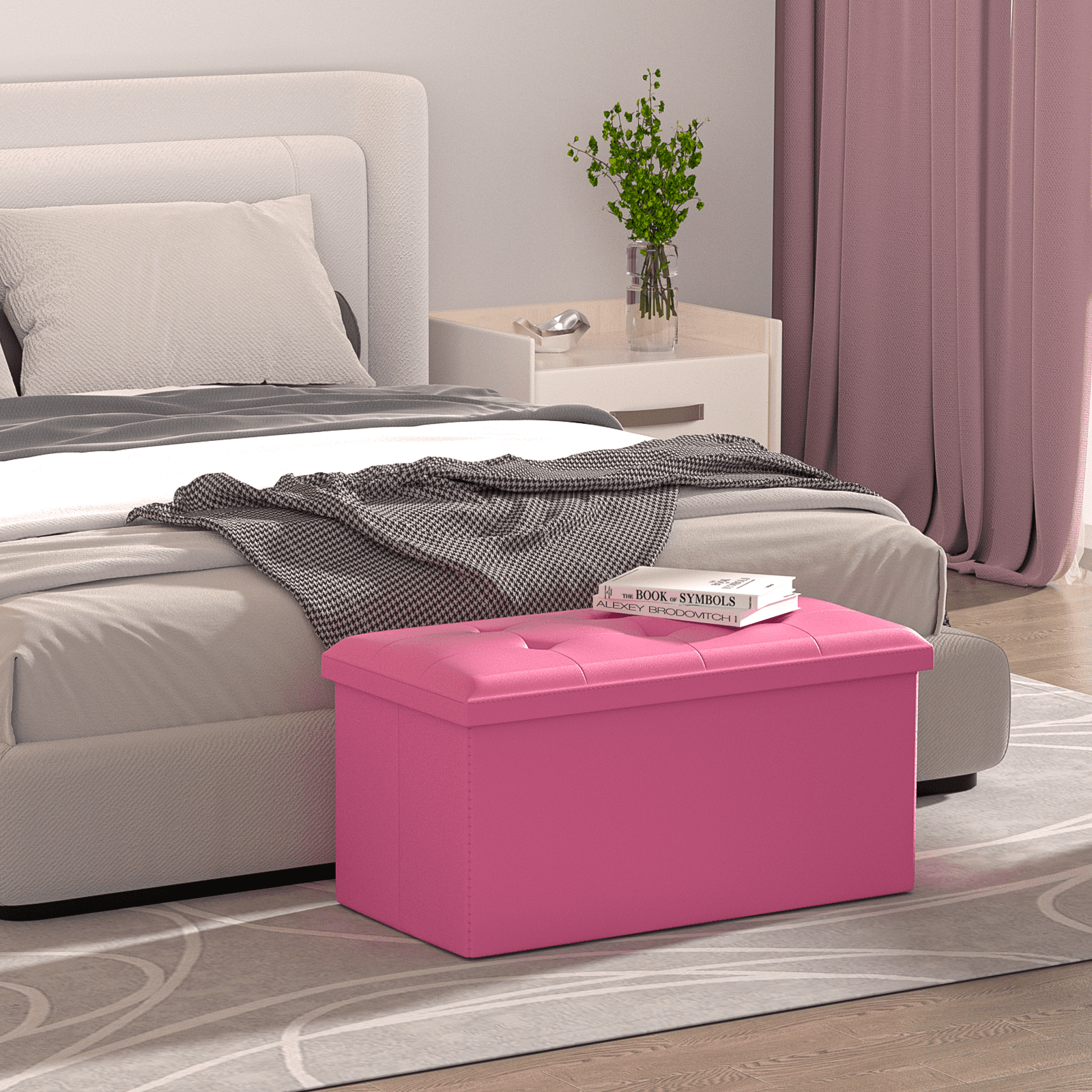 MoNiBloom 30" Folding Storage Ottoman Bench, PU Leather Collapsible Footrest Ottoman with Storage, for Living Room Bedroom Entryway, Dark Pink