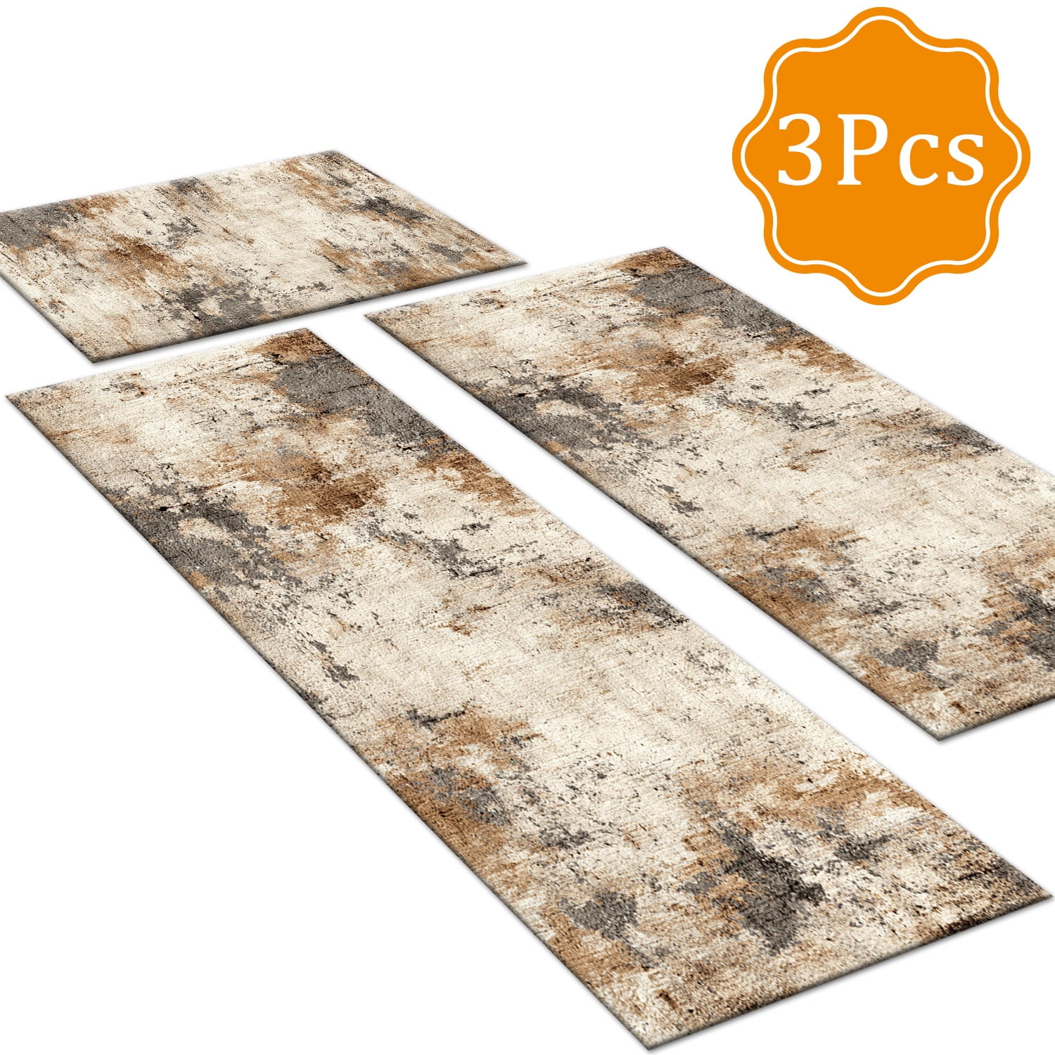 3-Piece Farmhouse Striped Kitchen Rug Set Anti-Slip Backing, Machine Washable Distressed Floor Mats for Kitchen Hallway Bathroom Laundry Room Christmas Decor