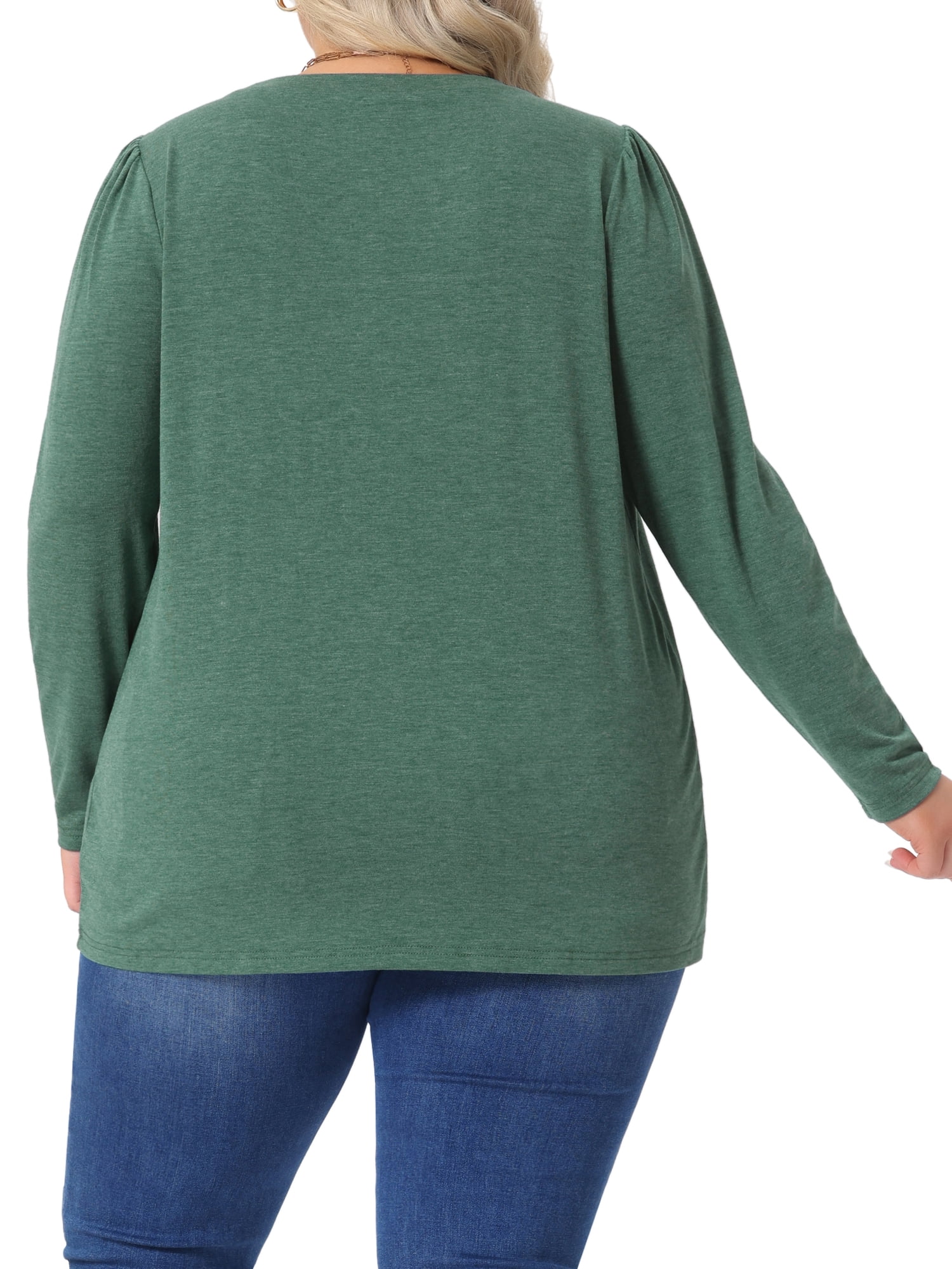 DARING DIVA Women's Plus Long Sleeve Pleated Crew Neck Blouse 2X Green