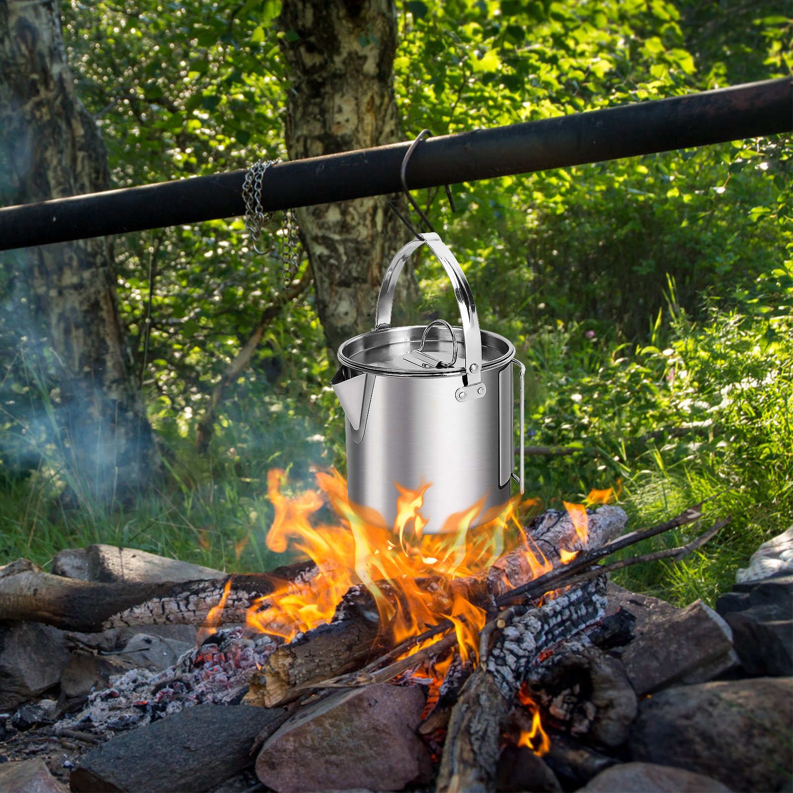 SunSunrise 1.2L Camp Kettle Foldable Handle Narrow Spout Portable Rust Resistant Outdoor Kettle
