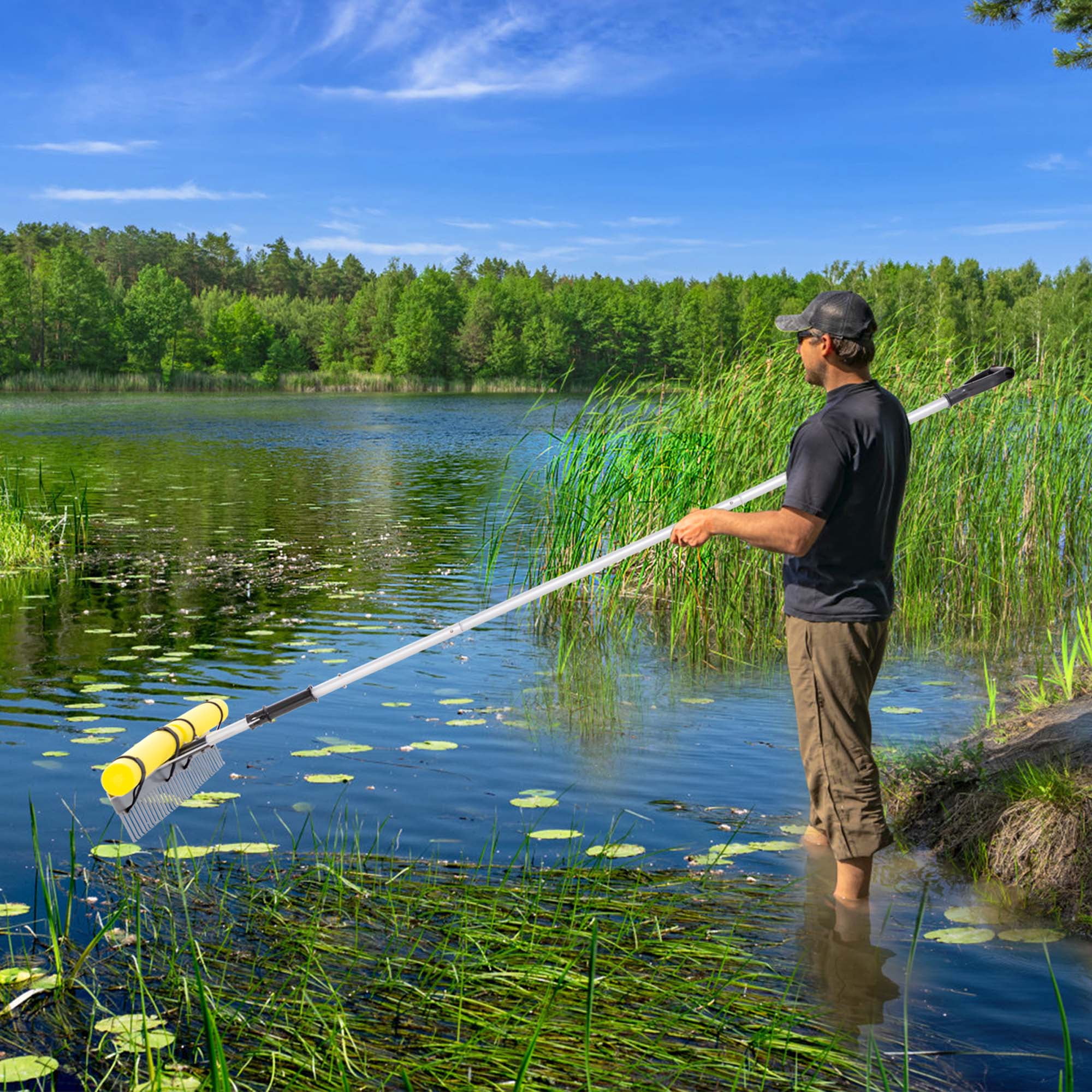 Costway Floating Weed Lake Rake Pond Weed Cutter with Foam Floats, Extended Handle & Rope