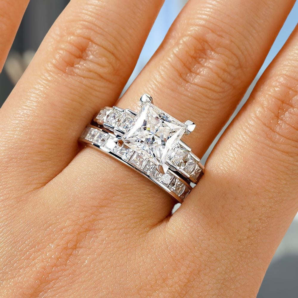 ESTE ORIGIN 4Ct Princess Cut Moissanite Engagement Ring Set - Bridal Wedding Ring Set with Eternity Band 14K Rose Gold US 6.5