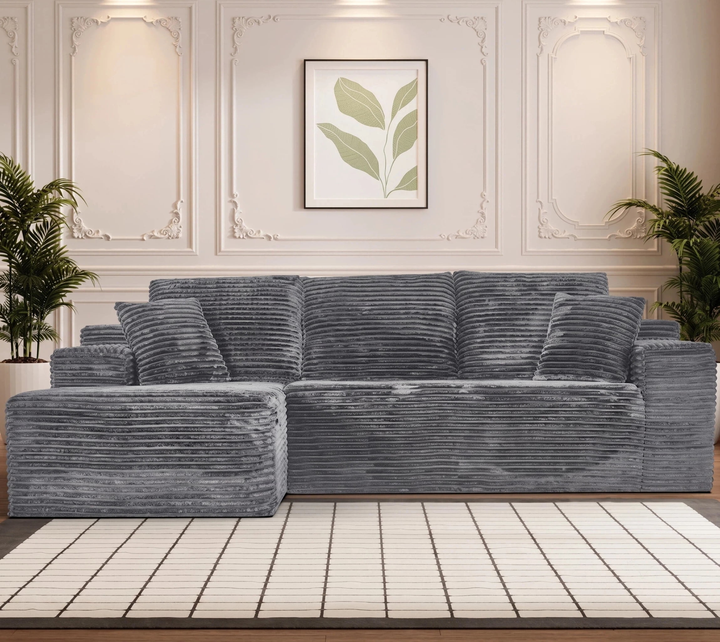 AISWORD 107.5" Corduroy Boneless L Shaped Modular Sectional Sofa with Left Facing Chaise, Deep Seat Compressed Couch with Throw Pillows, No Assembly Required, Gray