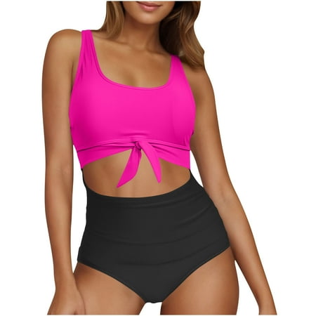 Uaswgudfs Womens Two-Piece High-Waisted Bikini Set with Front Knot Tank Top - Flattering Fit Swimsuit Hot Pink L