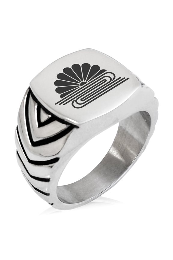 Stainless Steel Kusonoki Samurai Crest Chevron Pattern Biker Style Polished Ring