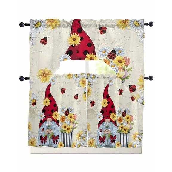 Gnomes Kitchen Curtains Sets 36 Inch Length with Valance, White Yellow Daisy Floral Country Garden Floral Swag Valances and Tiers Curtain Set Drapes Swag Curtains for Living Room, Bathroom, Bedroom
