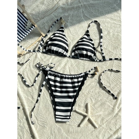 2pcs/Set New Multi-Color Black & White Striped Side Knotted High Cut Thong Bikini Set  Beachwear Swimsuit For Women