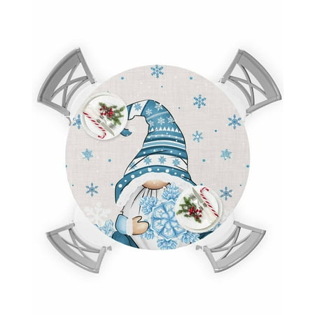 

Round Tablecloth with Elastic Christmas Dwarf Blue Snowflake Waterproof Stain-proof Table Cover Wipeable Fitted Table Cloths for 55 -60 Round Tables Dining Kitchen Indoor Outdoor Use