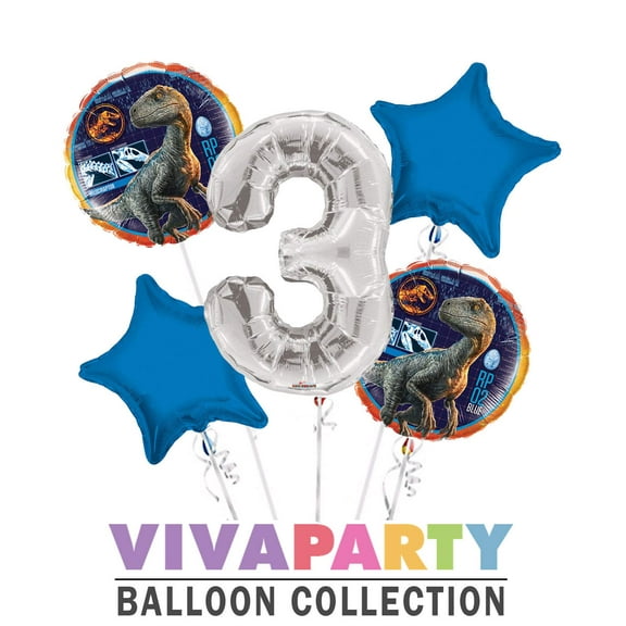 Jurassic World Velociraptor RP 02 Blue Round Balloon Bouquet 5 pc, 3rd Birthday, Silver Number 3 Jumbo Balloon | Viva Party Balloon Collection