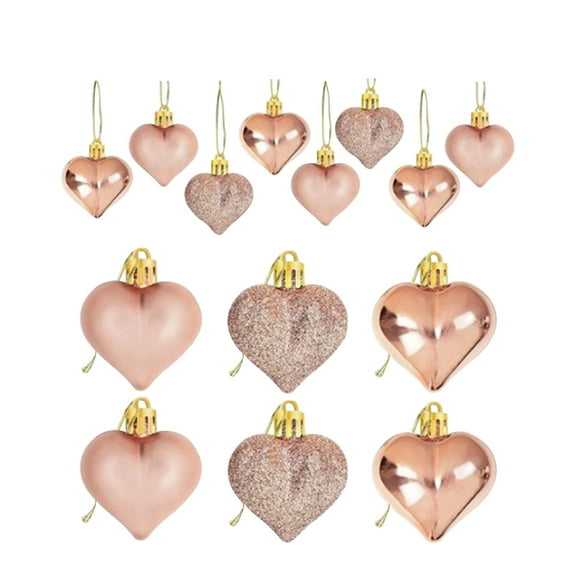 Champagne Ornaments, 12-Set Decorative Heart-Shaped Hanging Ornaments - Champagne Gold With Glossy Matte Pink, 1.8In Size - Valentine's Day, Wedding, Party Decor