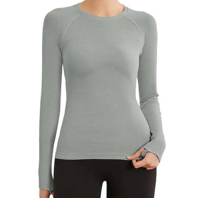 fheaev Chandails à Manches Longues pour Femmes Col Rond Chandail du Bas Ajusté Décontracté Extensible Ajusté sous-Blouses Entraînement Haut de Sport Pilates Vêtements de Mise en Forme Couche de Base Hauts