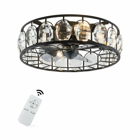 

CNCEST Industrial Style 18 Enclosed Ceiling Fan Light Crystal Fandelier Caged Lamp w/Remote 3 Speeds Black for Home Kitchen Bedroom Livingroom