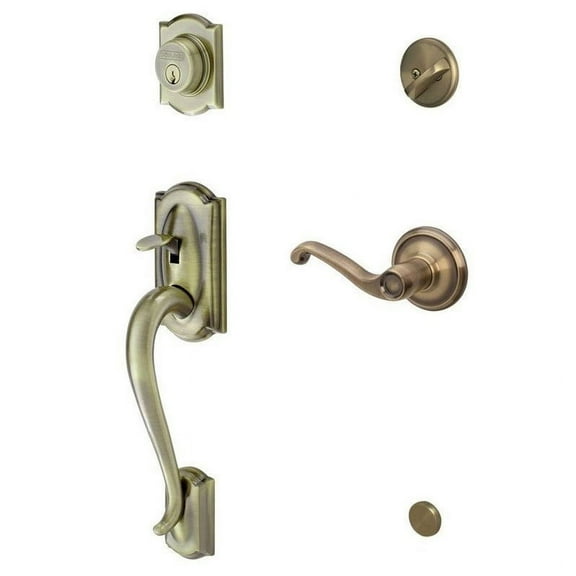 Schlage F60 CAM 609 FLA RH Camelot Antique Brass Right-Hand Handleset with Flair