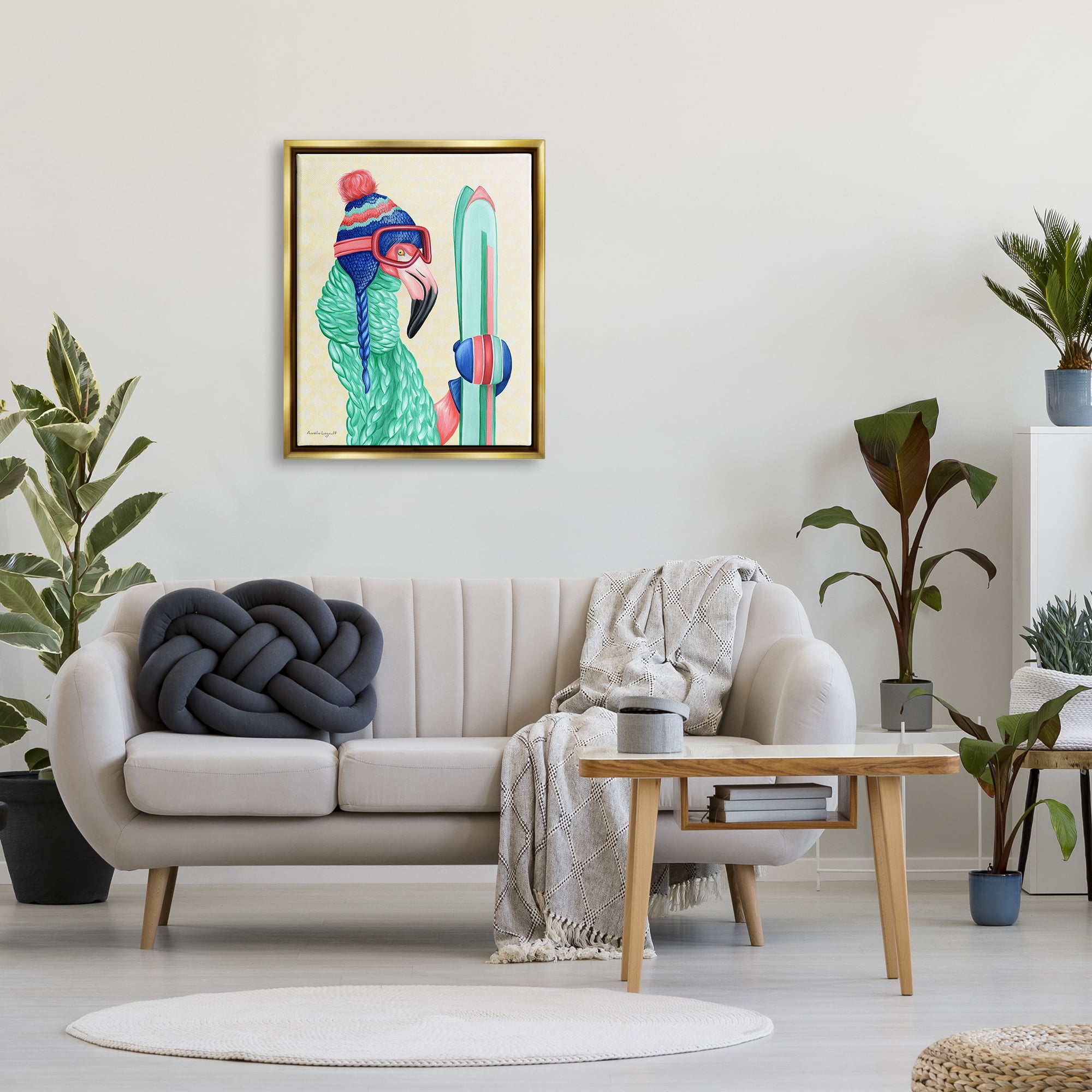 Stupell Industries Flamingo Bird Wearing Skiing Winter Sports Clothes Graphic Art Metallic Gold Floating Framed Canvas Print Wall Art, Design by Amelie Legault