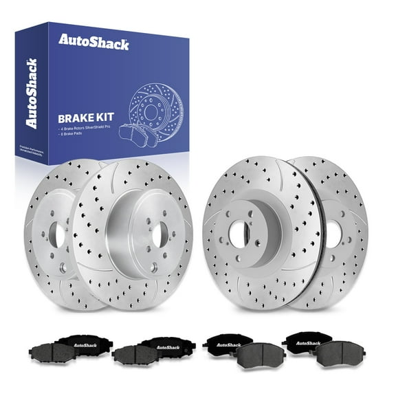 AutoShack Front Vented & Rear Solid Drilled & Slotted Silver Zinc Coated Brake Rotors   Premium Ceramic Pads 12-PC Brake Kit Replacement for 2010-2014 Subaru Impreza 2013 Scion FR-S SilverShield Pro