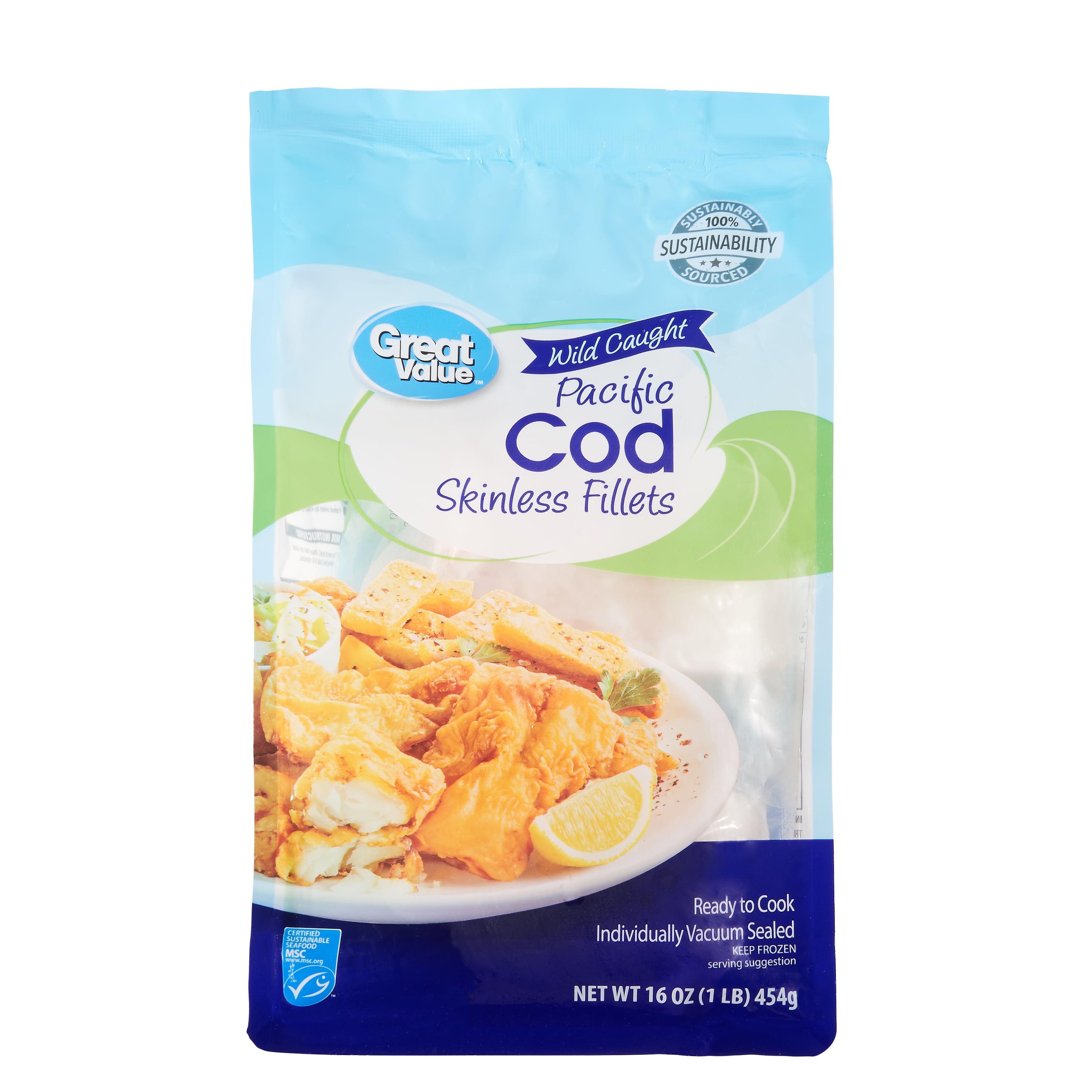 Great Value Wild Caught Pacific Cod Fillets, 1 lb