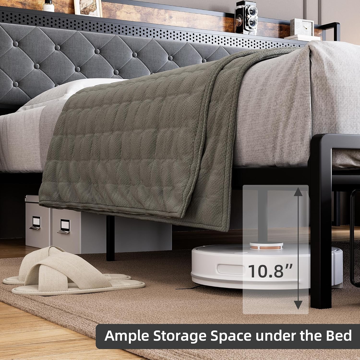 TROPOW King Size Bed Frame,Upholstered Platform Bed Frame with Storage Headboard and Charging Station, Metal Bed Frame with LED Lights and 2 Drawers, Noise Free, No Box Needed, Gray