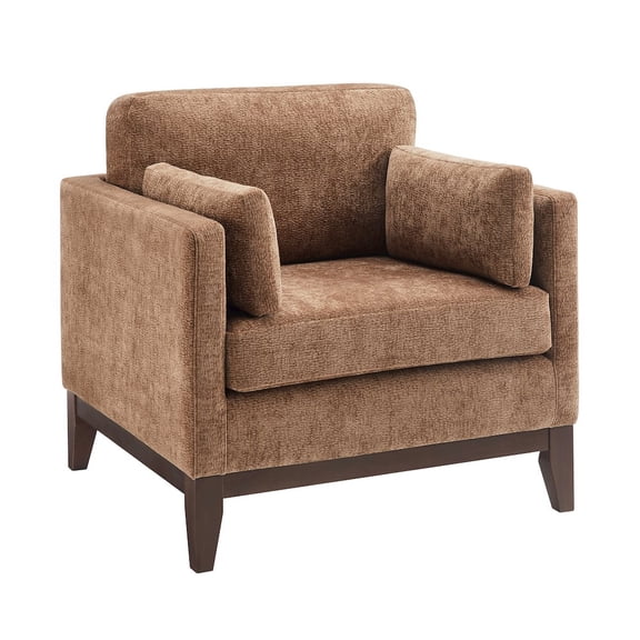 Chios Modern Arm Chair in Plush Bark Brown Fabric with Wooden Base