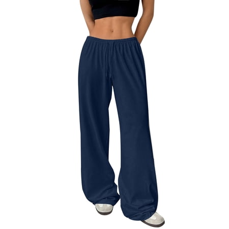 Blue Sweatpants Women Solid Color Long Pants No Pockets Elastic Waistband Wide Leg Flirty Loose Fitting Casual Pants