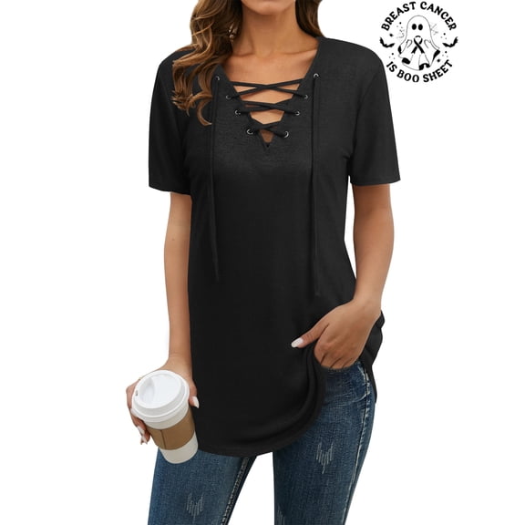 Women Lace-up Front Solid Color Short Sleeves T-shirts