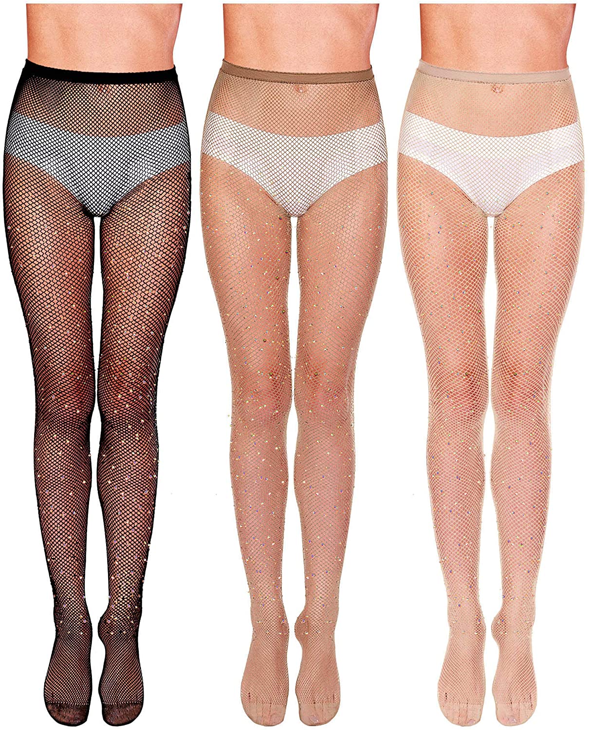 3 Pieces Rhinestone Fishnet Stockings 