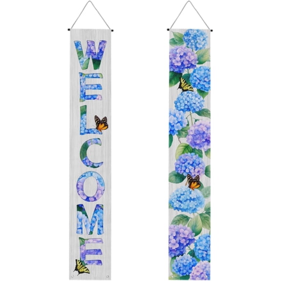 lijoe Hydrangea Welcome Porch Banner Vibrant Blue and Purple Hydrangea Flowers with Butterflies Front Door Banners Perfect for Spring Summer Vertical Porch Sign Garden Home and Patio Outdoor Decor