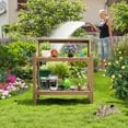 thumbnail image 3 of ROGALIS HDPS Outdoor Potting Bench Table w/4 Hooks & 3 Shelves, All-Weather, No Rust/Fade, Teak, 3 of 7