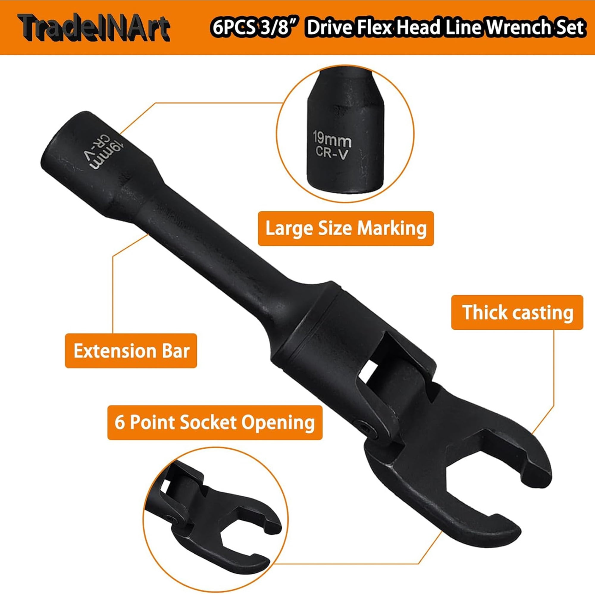 6 Piece Long Curved Head Line Wrench Set, 3/8 Inch Drive Syringe Fuel Line Fishtail Trumpet Socket Wrench Metric 12/14/16/17/18/19 mm