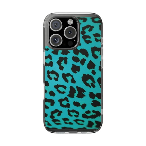 DistinctInk Clear Hybrid Case for Apple iPhone 16 Pro (6.3" Screen) - Teal Black Leopard Skin Spots - Raised Bezel Screen Guard