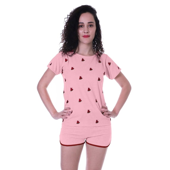 Moomaya Nightwear Set Watermelon Embroidery Shorts Plain Cotton Sleepwear 2 Pcs